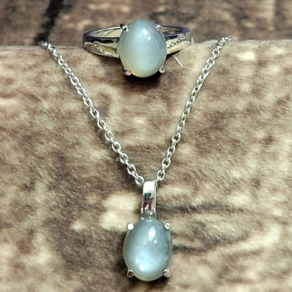 Titanium Moonstone Solitare Ring and Pendant Necklace